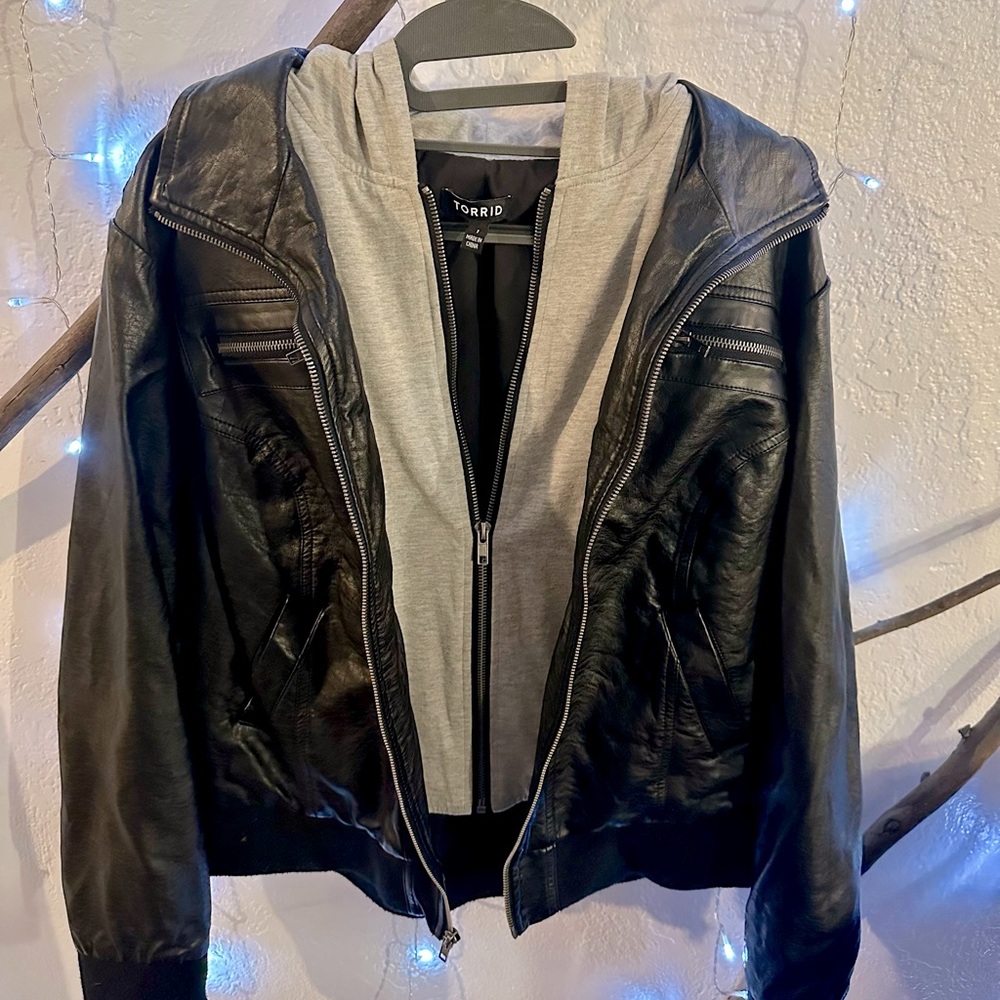 Torrid Black and Gray leather Jacket with Hood